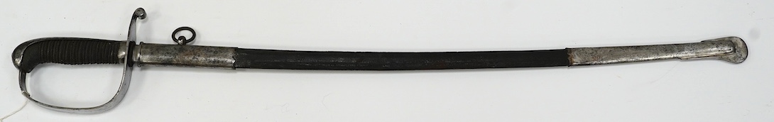 A Dutch police officer’s sword, D-shaped iron guard in its steel mounted leather scabbard, blade 69cm. Condition - fair, heavily cleaned